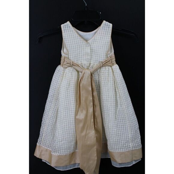 WILL'BETH SIZE 4 SLEEVELESS GOLD BEIGE GINGHAM WITH SATIN TRIM - Picture 5 of 8
